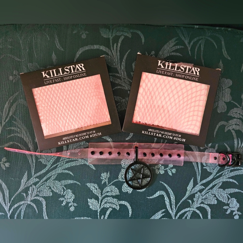 Killstar pink fishnet top dress and pastel goth Satanic collar